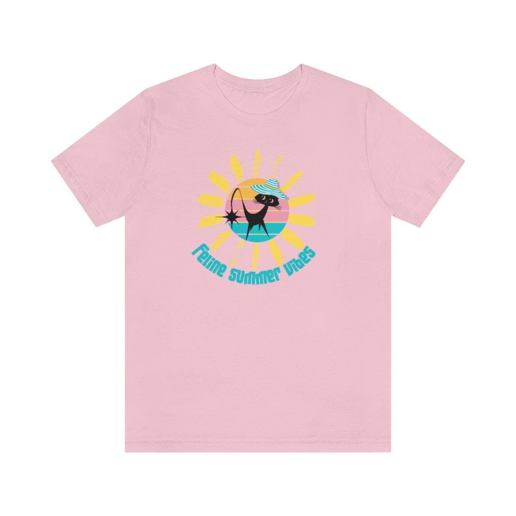 Cat Mod, Atomic Cat, Black Cat Lover, Retro Tee, Feline Summer Vibes, Mid Century Modern Funny T-Shirt Gift For Her T-Shirt Pink / XS
