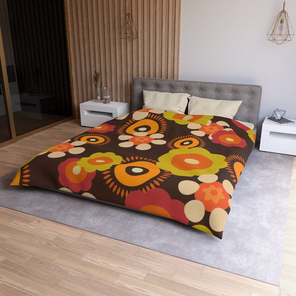 1970's Groovy Hippie, Flower Power Mod Daisy Duvet Cover Home Decor Queen / Cream