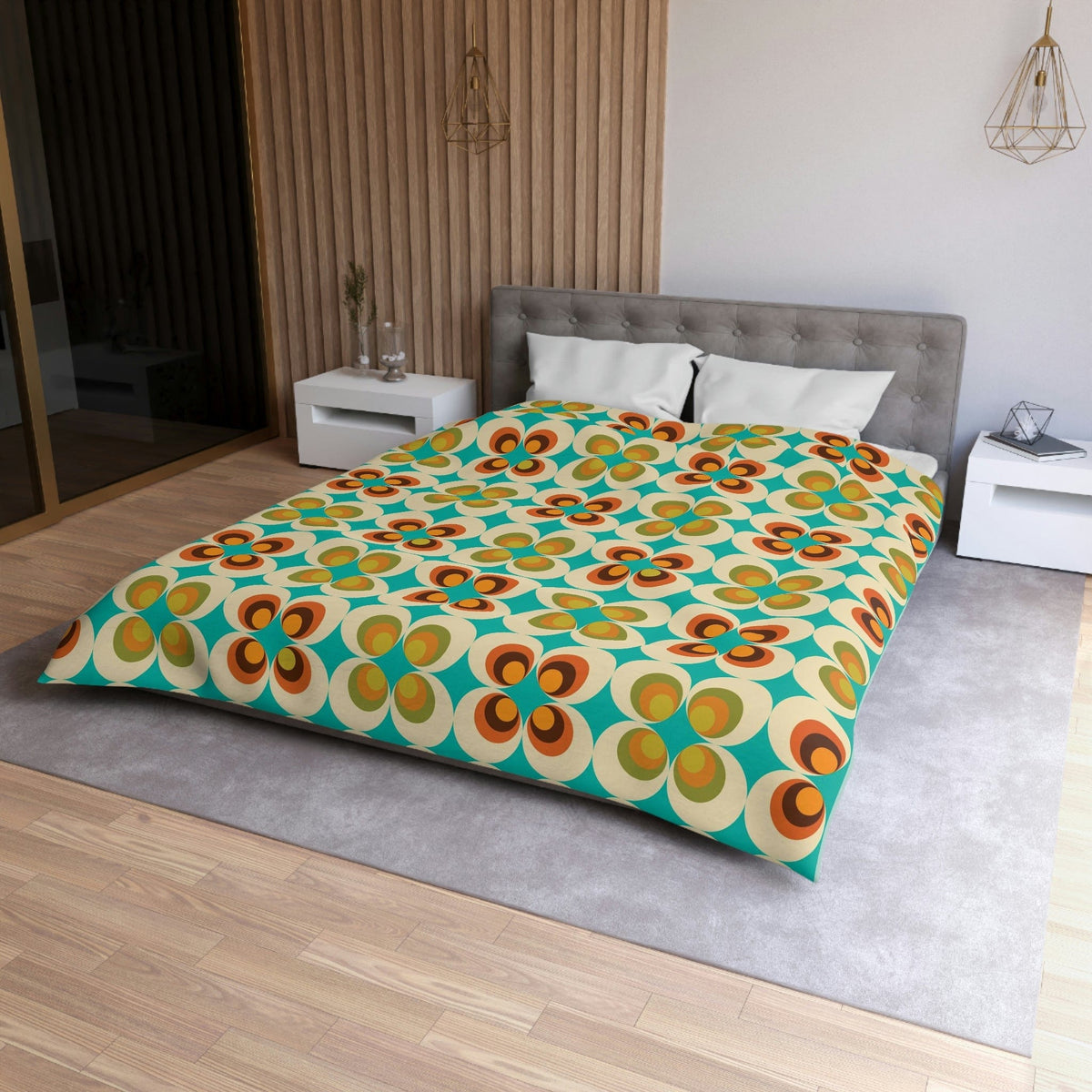 70's Retro Curtain, Orange, Teal, Mustard Yellow, Brown, Mid Century Modern Microfiber Duvet Cover Home Decor Queen / White
