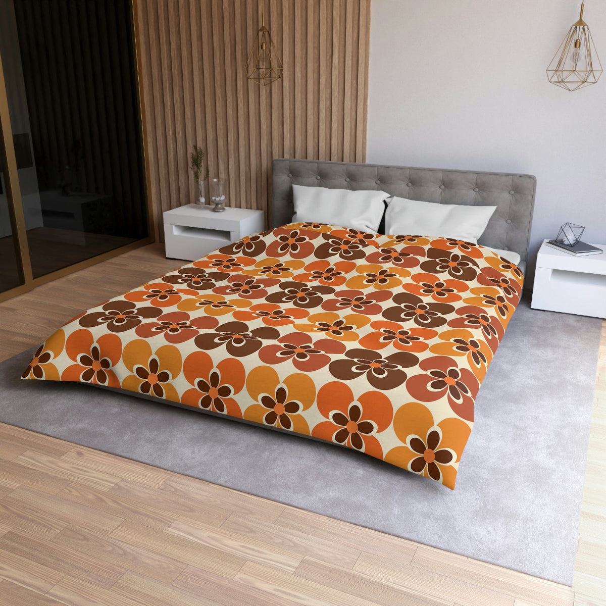 Flower Power Retro Bedding, Brown, Orange, Cream Groovy 70's Duvet Cover Home Decor Queen / White