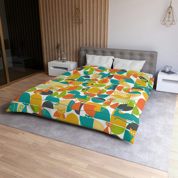 Mid Mod, Atomic Kitties,  Funky Orange, Blue, Yellow Green, Geometric Queen Size Microfiber Duvet Cover