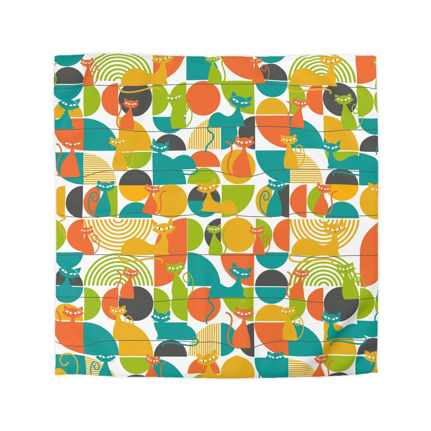 Mid Mod, Atomic Kitties,  Funky Orange, Blue, Yellow Green, Geometric Queen Size Microfiber Duvet Cover Home Decor Queen / White