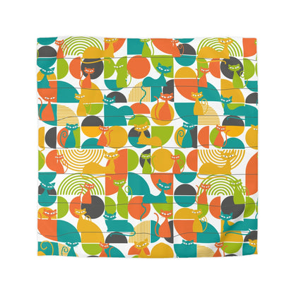 Mid Mod, Atomic Kitties,  Funky Orange, Blue, Yellow Green, Geometric Queen Size Microfiber Duvet Cover Home Decor Queen / White
