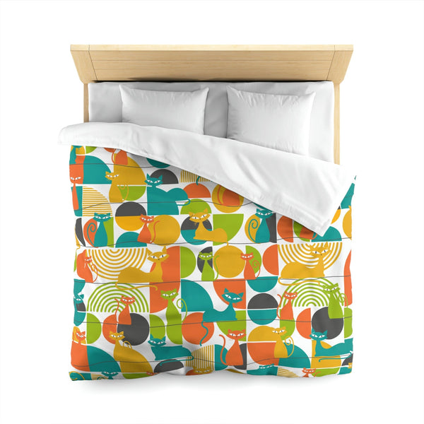 Mid Mod, Atomic Kitties,  Funky Orange, Blue, Yellow Green, Geometric Queen Size Microfiber Duvet Cover