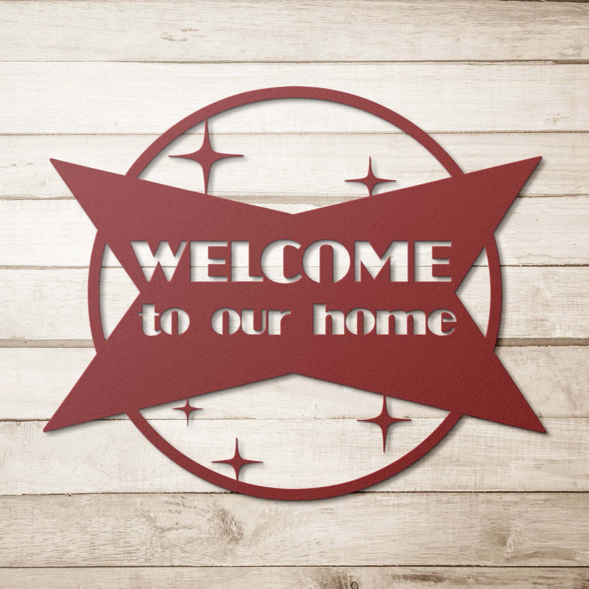Mid Century Modern, Welcome To Our Home Atomic Metal Wall Art Sign Wall Art Red / 12 Inch