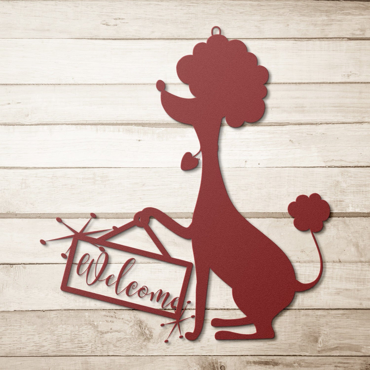 Mid Century Poodle, Welcome Porch Sign Metal Art, Retro, French Poodle Mod Home Decor Wall Art Red / 12 Inch