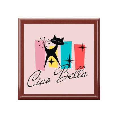 Ciao Bella, Atomic Cat, Retro Mid Mod Keepsake, Hello Beautiful Jewelry Box Home Decor Red Mahogany / One size