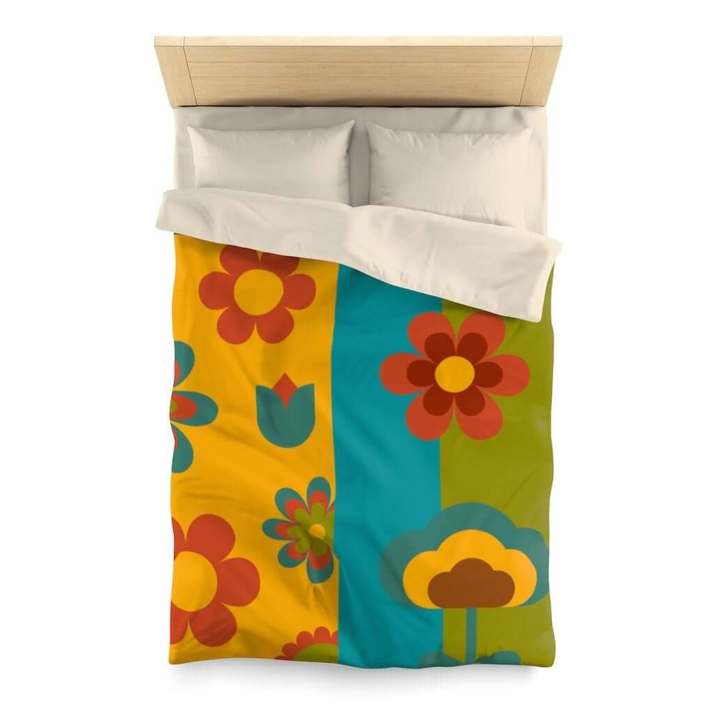 Retro 60's 70's Groovy Flower Hippie Daisy Flowers Mid Century Microfiber Duvet Cover