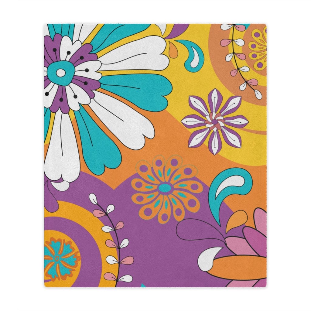 Retro 60's 70's, Groovy, Purple, Aqua, Orange, Hippie Flowers, Hipster Mid Mod Minky Soft Blanket Home Decor