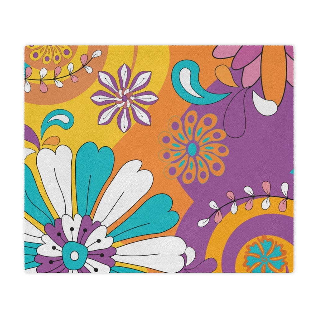 Retro 60's 70's, Groovy, Purple, Aqua, Orange, Hippie Flowers, Hipster Mid Mod Minky Soft Blanket Home Decor
