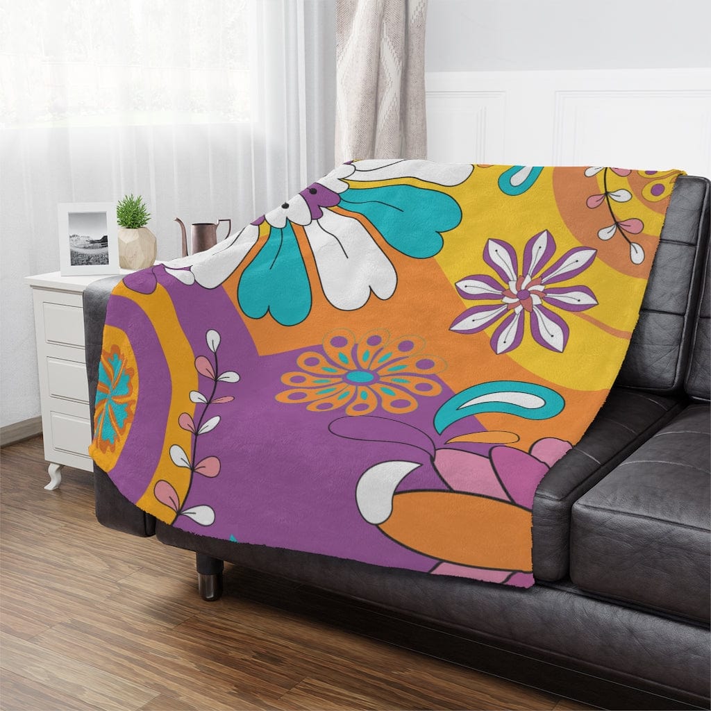 Retro 60's 70's, Groovy, Purple, Aqua, Orange, Hippie Flowers, Hipster Mid Mod Minky Soft Blanket Home Decor