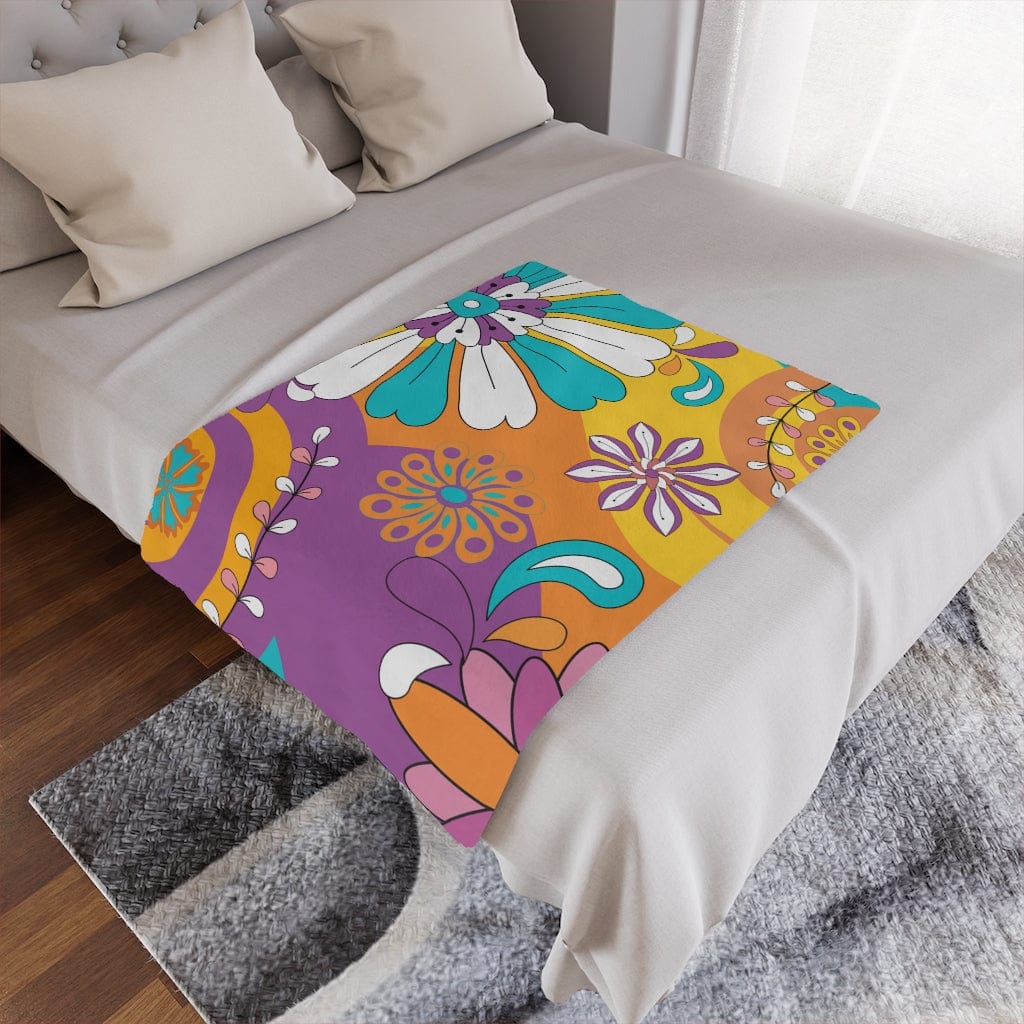 Retro 60's 70's, Groovy, Purple, Aqua, Orange, Hippie Flowers, Hipster Mid Mod Minky Soft Blanket Home Decor
