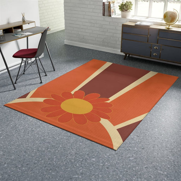 Retro 60's 70's. Mod Flower, Brown, Orange, Yellow, MCM Groovy Sunburst, Mid Century Modern Area Rug