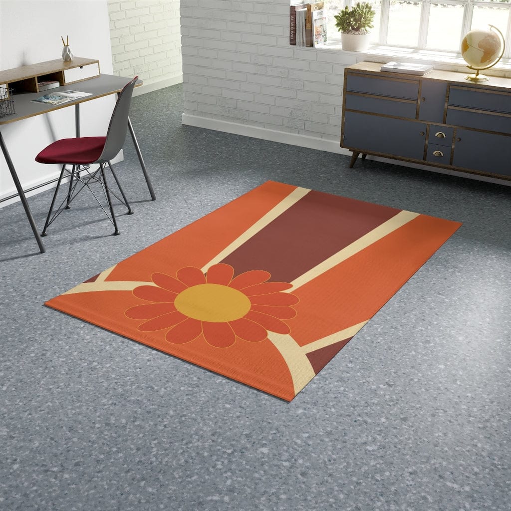 Retro 60's 70's. Mod Flower, Brown, Orange, Yellow, MCM Groovy Sunburst, Mid Century Modern Area Rug Home Decor