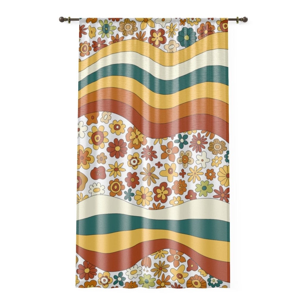 Retro 70's Groovy Flower, Abstract, Teal, Yellow, Brown, Mod Daisy SHEER Window Curtain