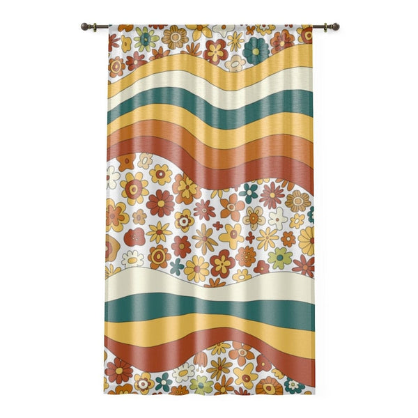 Retro 70's Groovy Flower, Abstract, Teal, Yellow, Brown, Mod Daisy SHEER Window Curtain