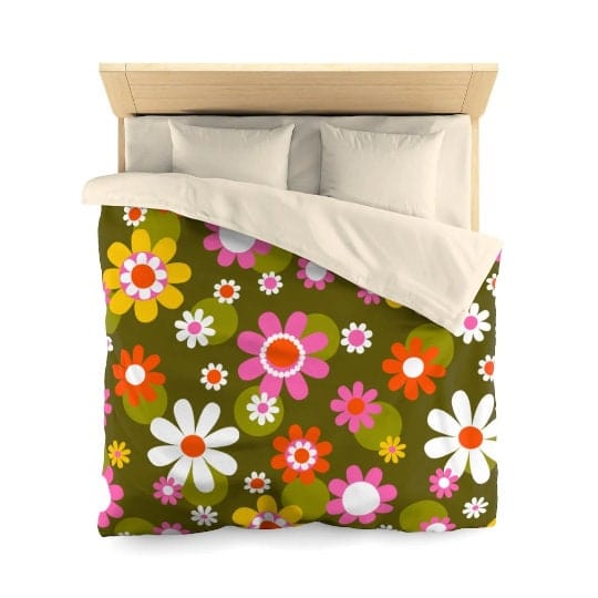 Retro 70's Groovy Flower Power Hippie, Green, Pink, White, Yellow Mod Daisy Mid Century Modern Microfiber Duvet Cover