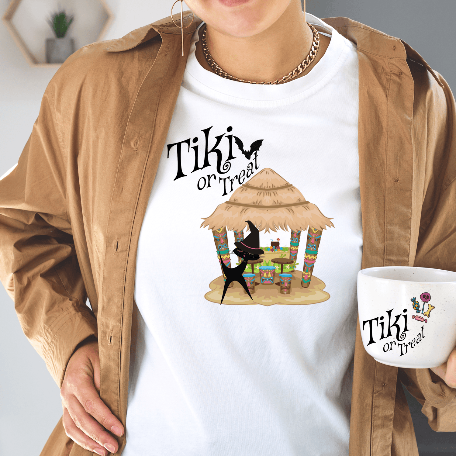 Retro Atomic Cat, Tiki Halloween T-Shirt, Tiki Or Treat, Tiki Lover, Halloween Party, Funny Halloween Unisex Tee T-Shirt