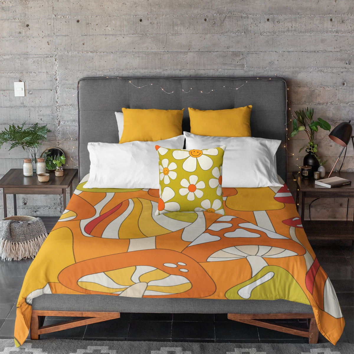 Retro Bedding, Orange, Green Psychedelic Funky, Groovy 70's Mushrooms Hippie, Mid Century Modern Home Decor Microfiber Duvet Cover