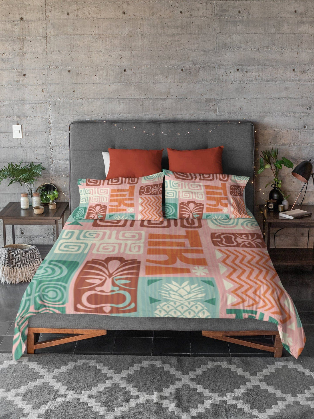 Retro Bedding, Tiki, Teal, Pink, Orange Retro Funky Fun Floral Tiki Microfiber Duvet Cover