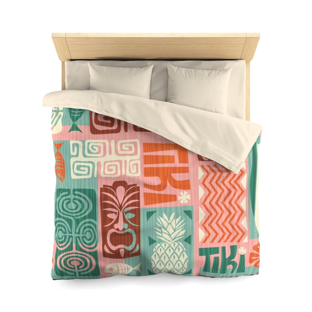 Retro Bedding, Tiki, Teal, Pink, Orange Retro Funky Fun Floral Tiki Microfiber Duvet Cover