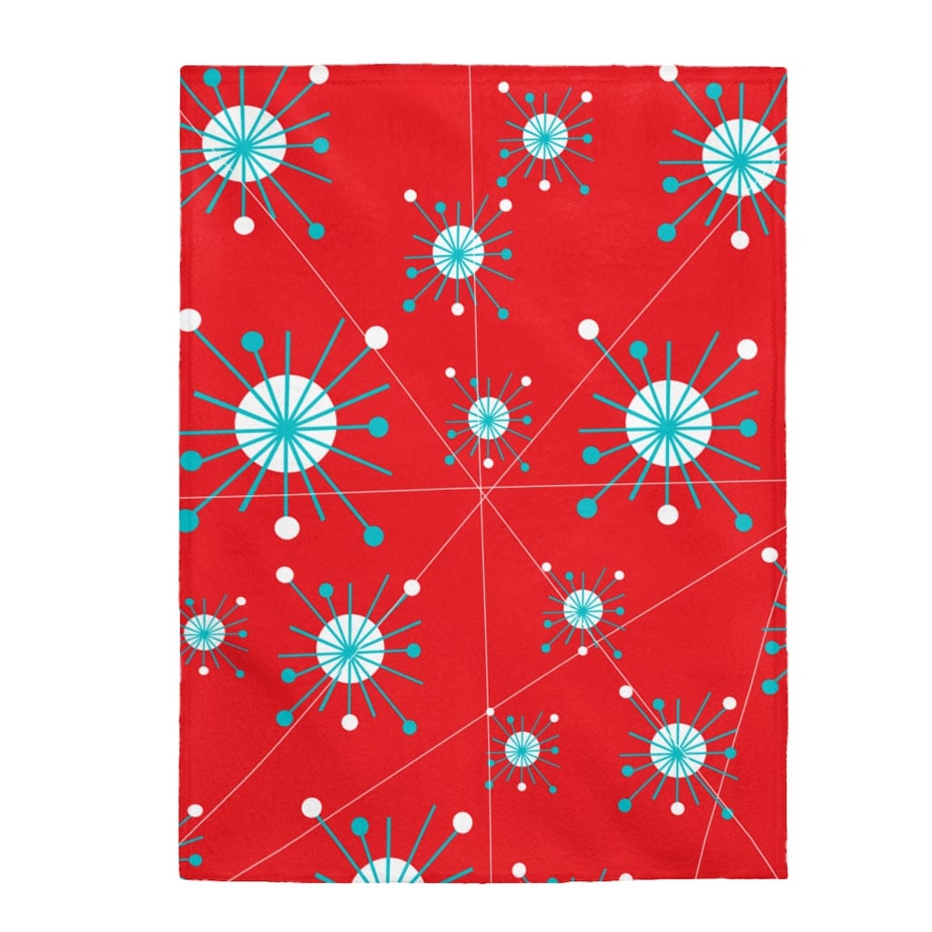 Retro Blanket Atomic Astro Star Burst Aqua Blue, White Mid Century Modern Red THIN Velveteen Plush Blanket All Over Prints