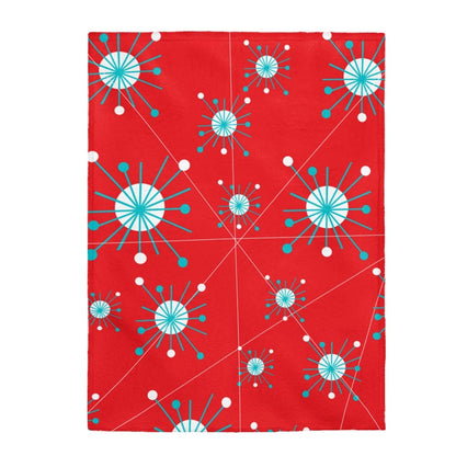 Retro Blanket Atomic Astro Star Burst Aqua Blue, White Mid Century Modern Red THIN Velveteen Plush Blanket All Over Prints