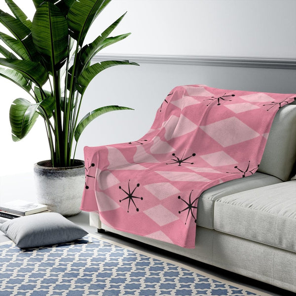 Retro Blanket Pink Atomic Age Starburst Diamonds Mid Century Modern MCM Home Decor Velveteen THIN Plush Blanket