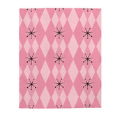 Retro Blanket Pink Atomic Age Starburst Diamonds Mid Century Modern MCM Home Decor Velveteen THIN Plush Blanket All Over Prints