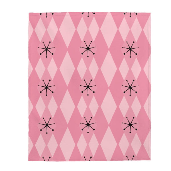 Retro Blanket Pink Atomic Age Starburst Diamonds Mid Century Modern MCM Home Decor Velveteen THIN Plush Blanket