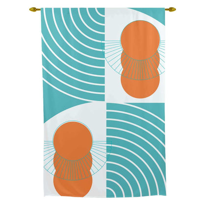 Retro Boho, Aqua Blue, Orange Geometric Abstract Mid Mod Tie Up curtain Curtains