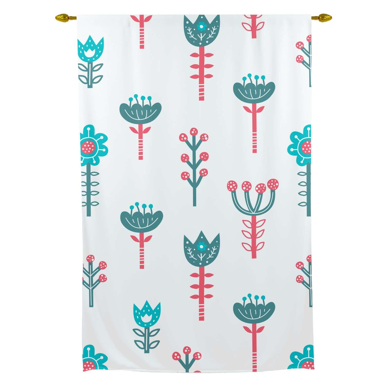 Retro Boho Denmark Designs, Scandinavian Flower, Pink, Teal, Aqua Tie Up Curtain Curtains