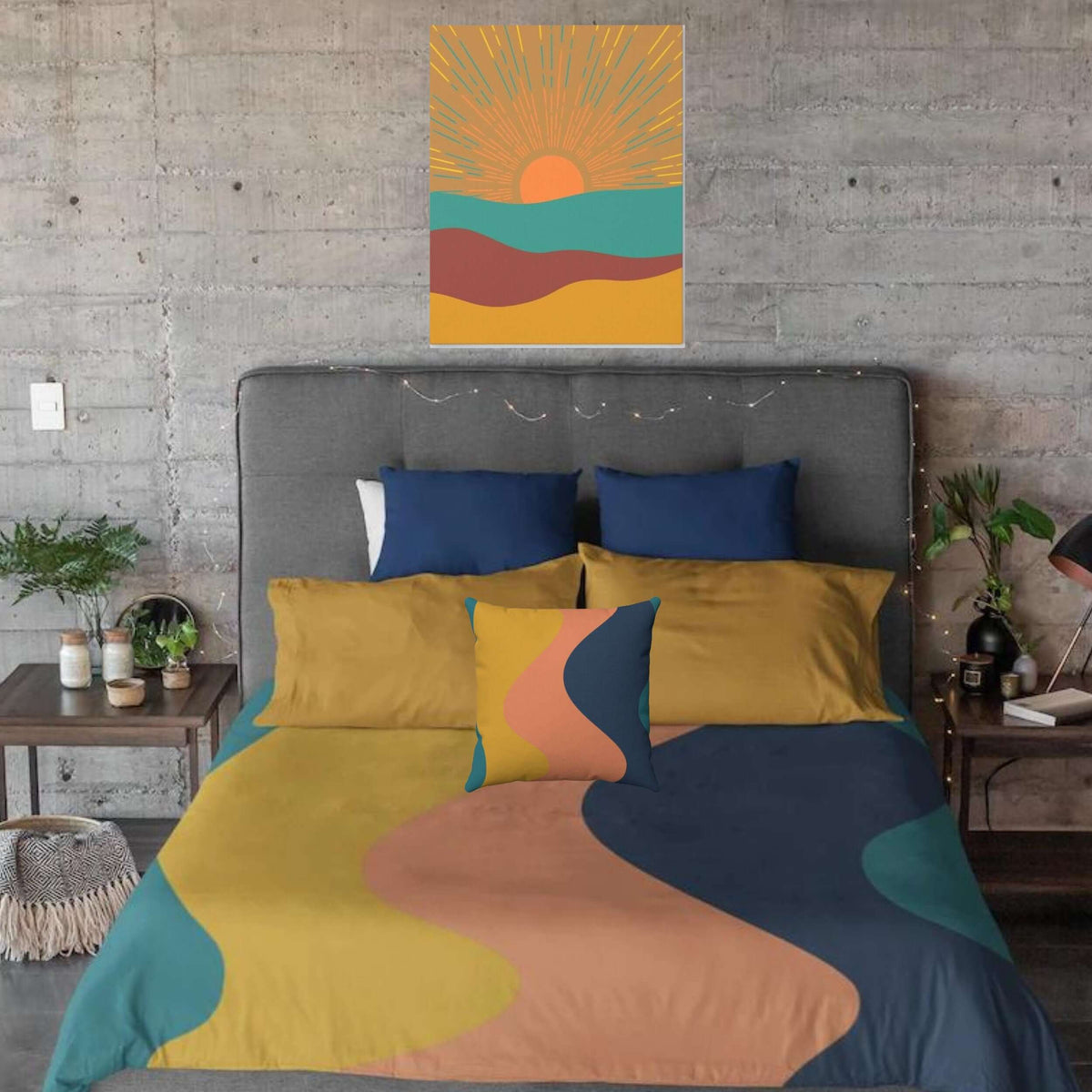Retro Boho Mid Century Modern Wave Blue, Peach,Golden Yellow Microfiber Duvet Cover