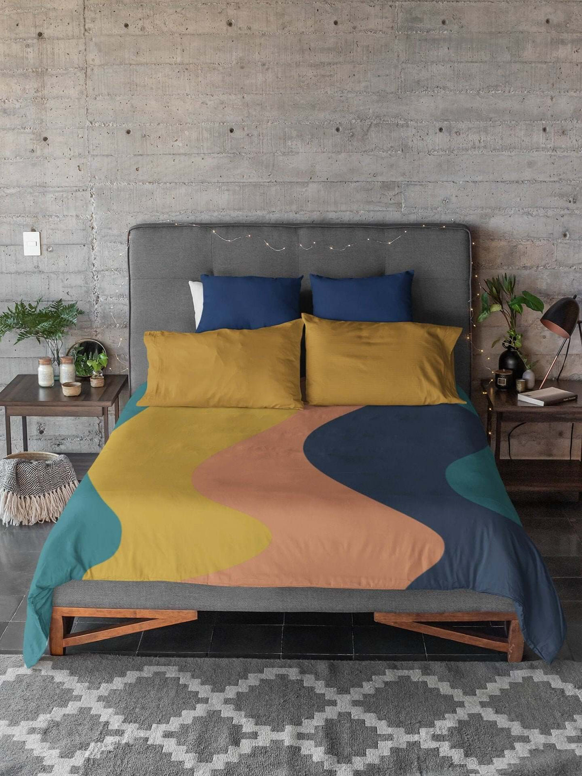 Retro Boho Mid Century Modern Wave Blue, Peach,Golden Yellow Microfiber Duvet Cover