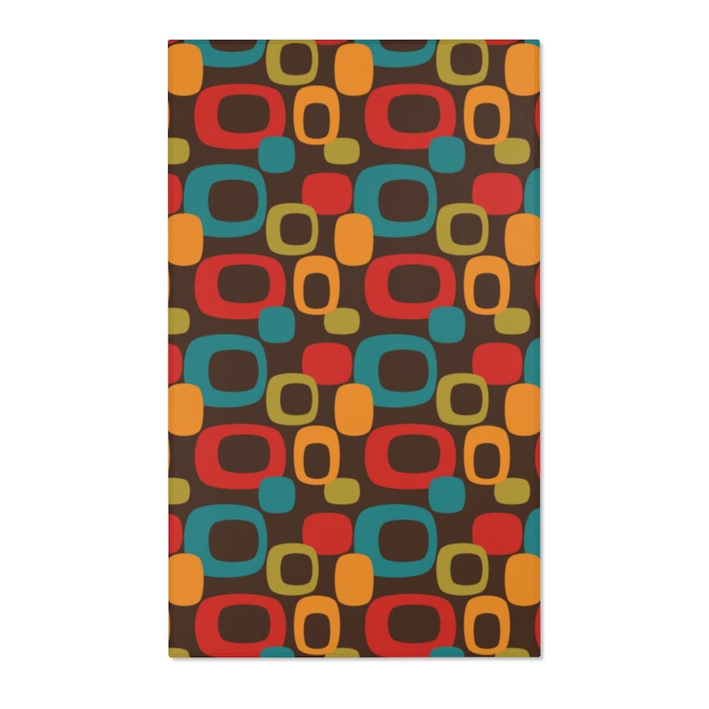Retro Chocolate Brown Geometric Groovy Teal Blue, Green, Yellow, Burnt Orange, Mid Century Modern Area Rugs Home Decor