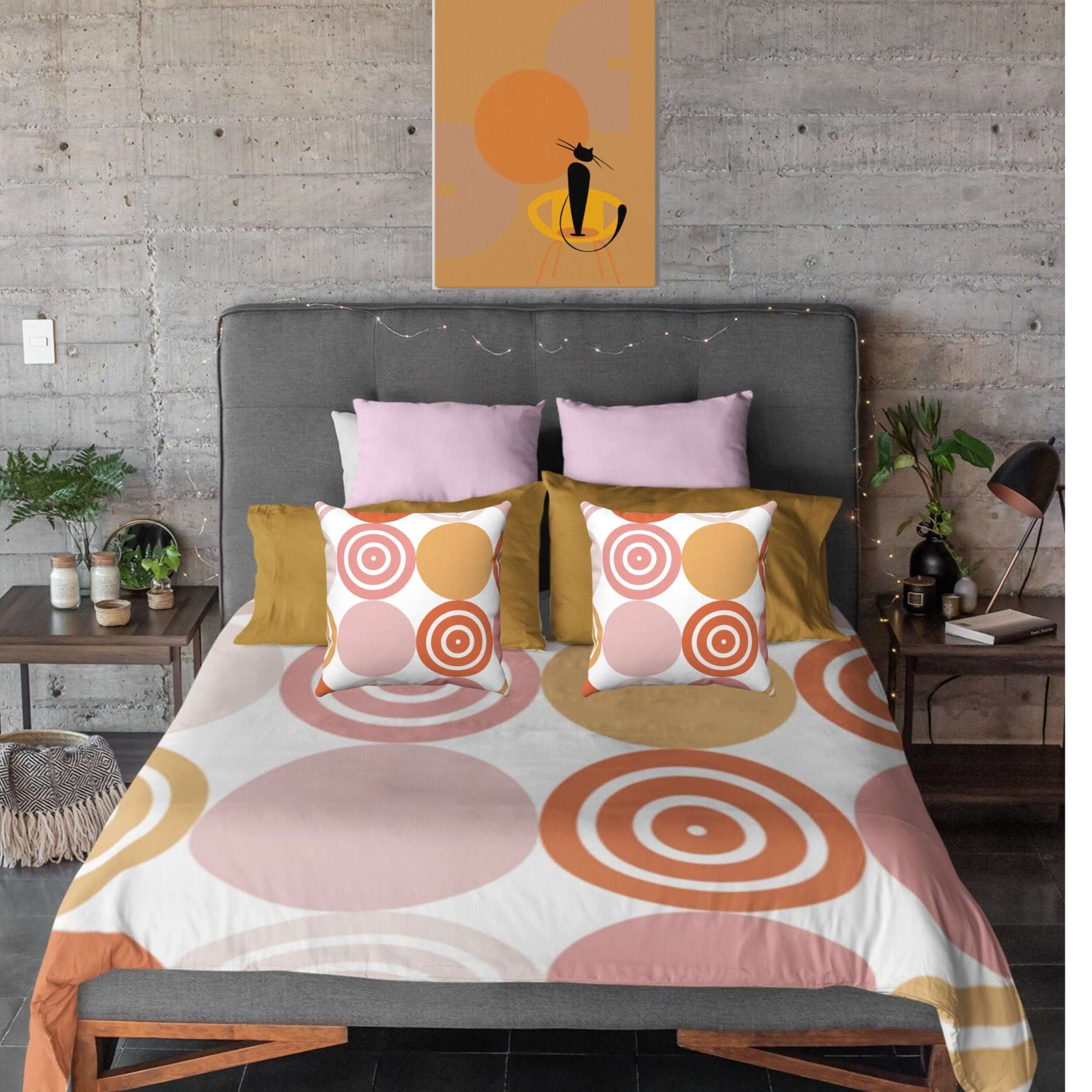Retro Circle Pattern Pink, Mustard, and Cream Color Mid Century Modern Microfiber Duvet Cover Queen or Twin