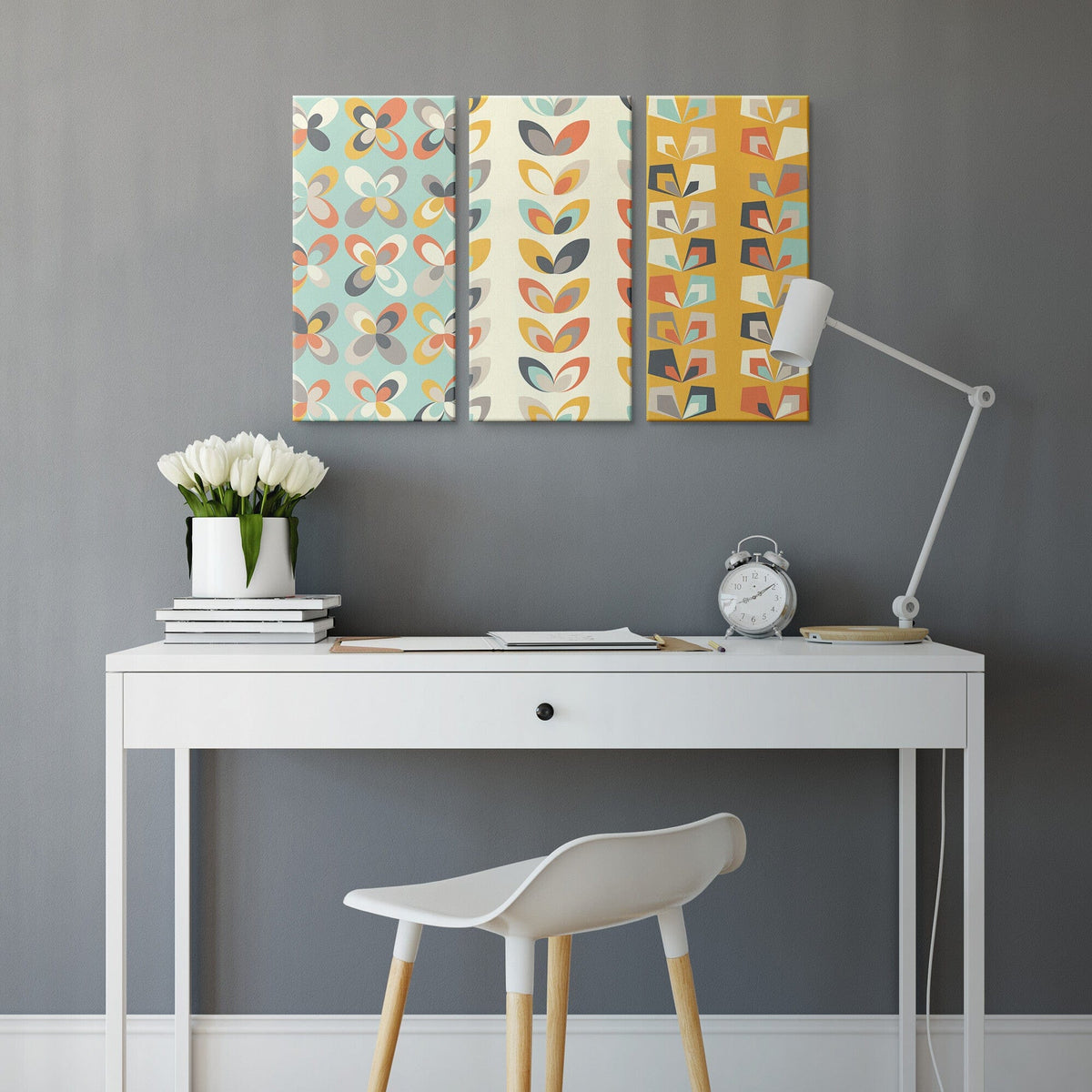 Retro Denmark Design, Scandinavian Flowers, Beige, Mint Green, Yellow, Mid Mod MCM Canvas Wall Art (3) Custom Pieces Wall Art