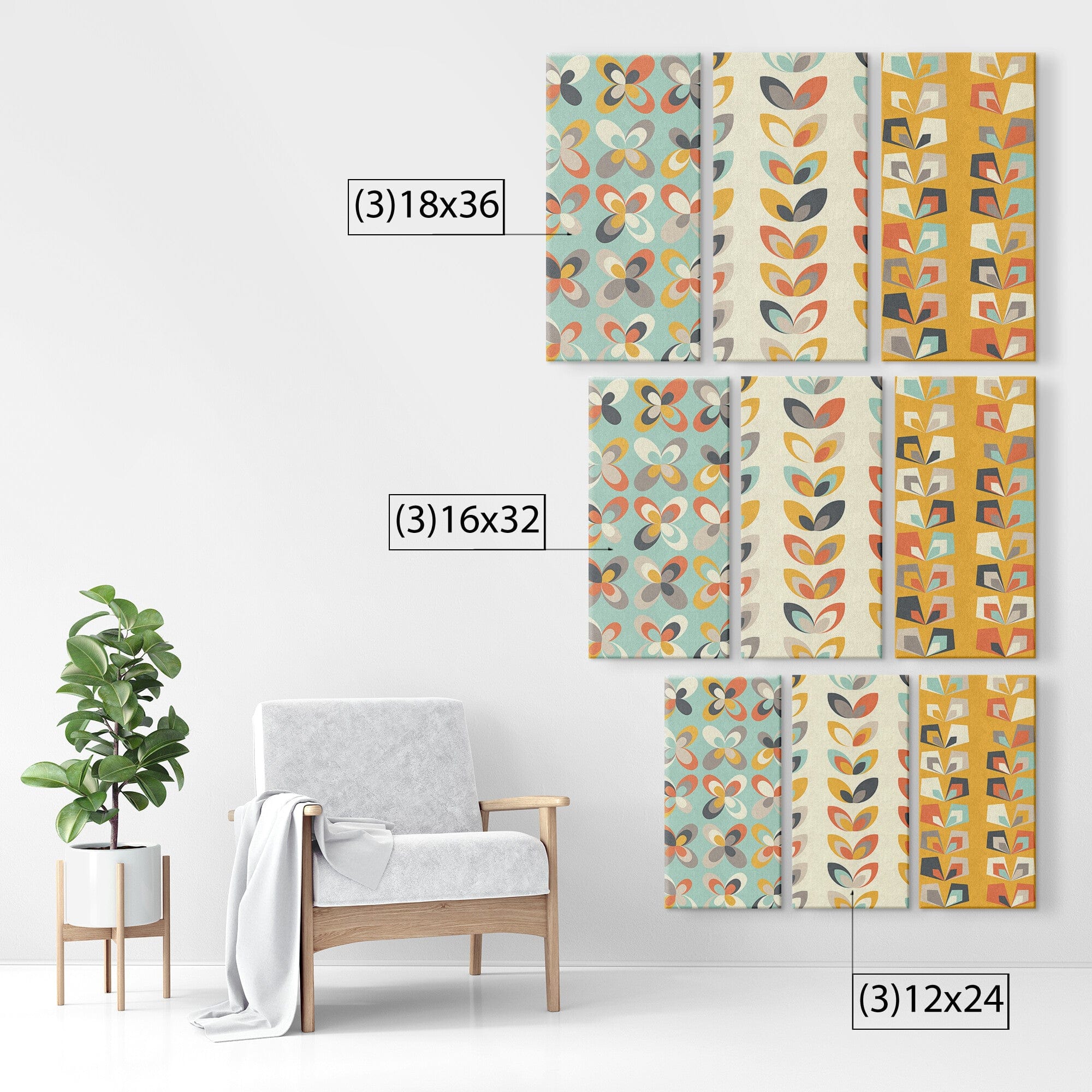 Retro Denmark Design, Scandinavian Flowers, Beige, Mint Green, Yellow, Mid Mod MCM Canvas Wall Art (3) Custom Pieces Wall Art
