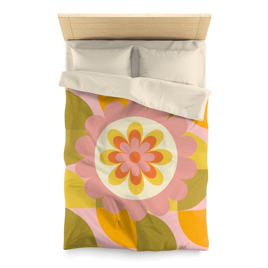 Retro Geometric 1970's Groovy Flower Power Vibes Baby, Toddler, Teen, Green, Pink, Flower Power, Hippie Queen Or Twin Microfiber Duvet Cover