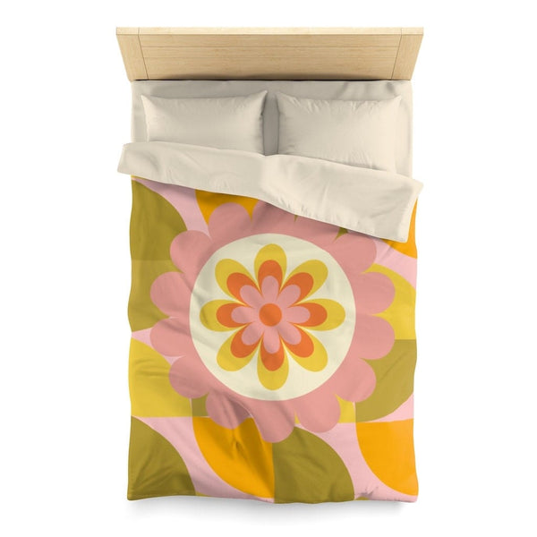 Retro Geometric 1970's Groovy Flower Power Vibes Baby, Toddler, Teen, Green, Pink, Flower Power, Hippie Queen Or Twin Microfiber Duvet Cover