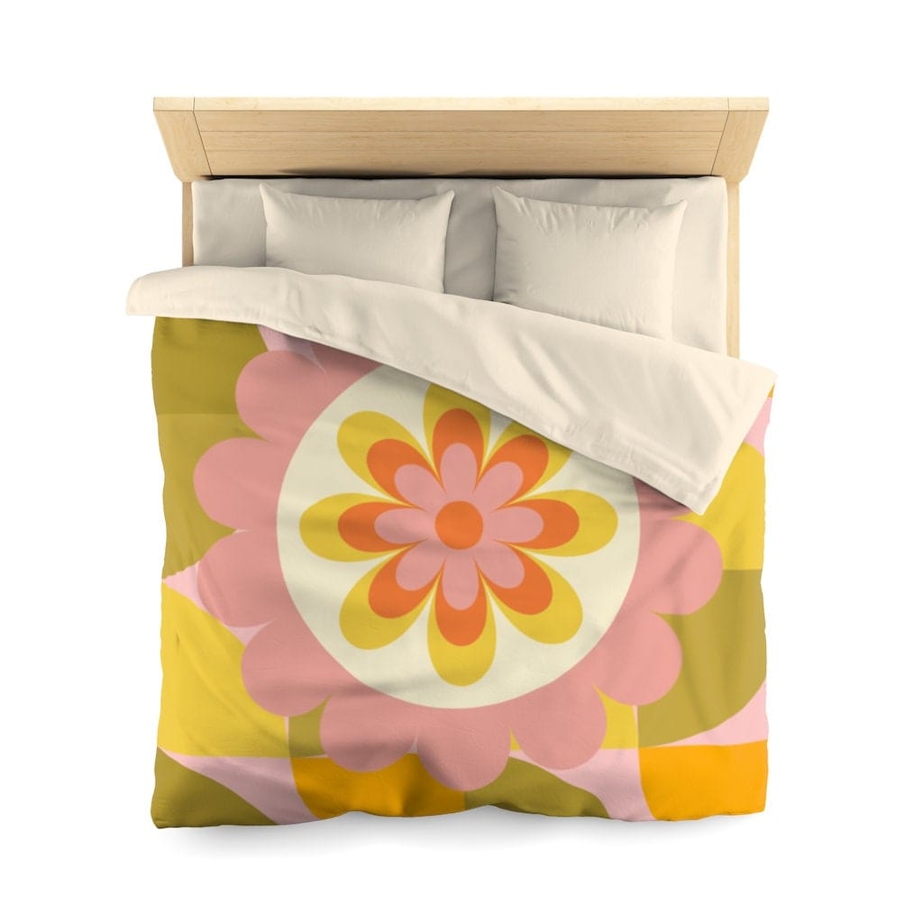 Retro Geometric 1970's Groovy Flower Power Vibes Baby, Toddler, Teen, Green, Pink, Flower Power, Hippie Queen Or Twin Microfiber Duvet Cover