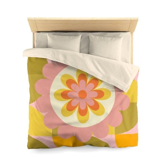 Retro Geometric 1970's Groovy Flower Power Vibes Baby, Toddler, Teen, Green, Pink, Flower Power, Hippie Queen Or Twin Microfiber Duvet Cover