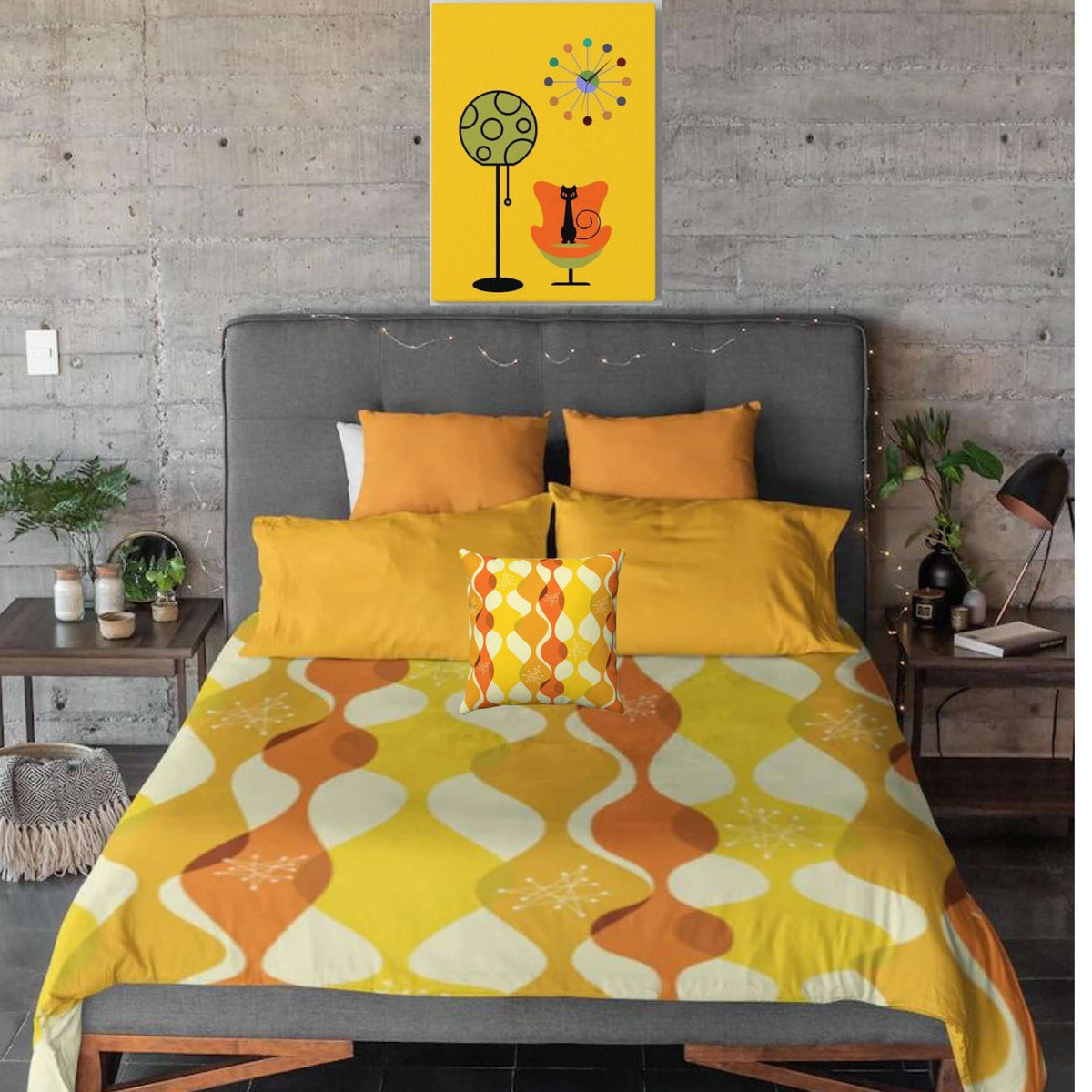 Retro Groovy Mid Century Modern Orange, Yellow Modern Boho Microfiber Duvet Cover