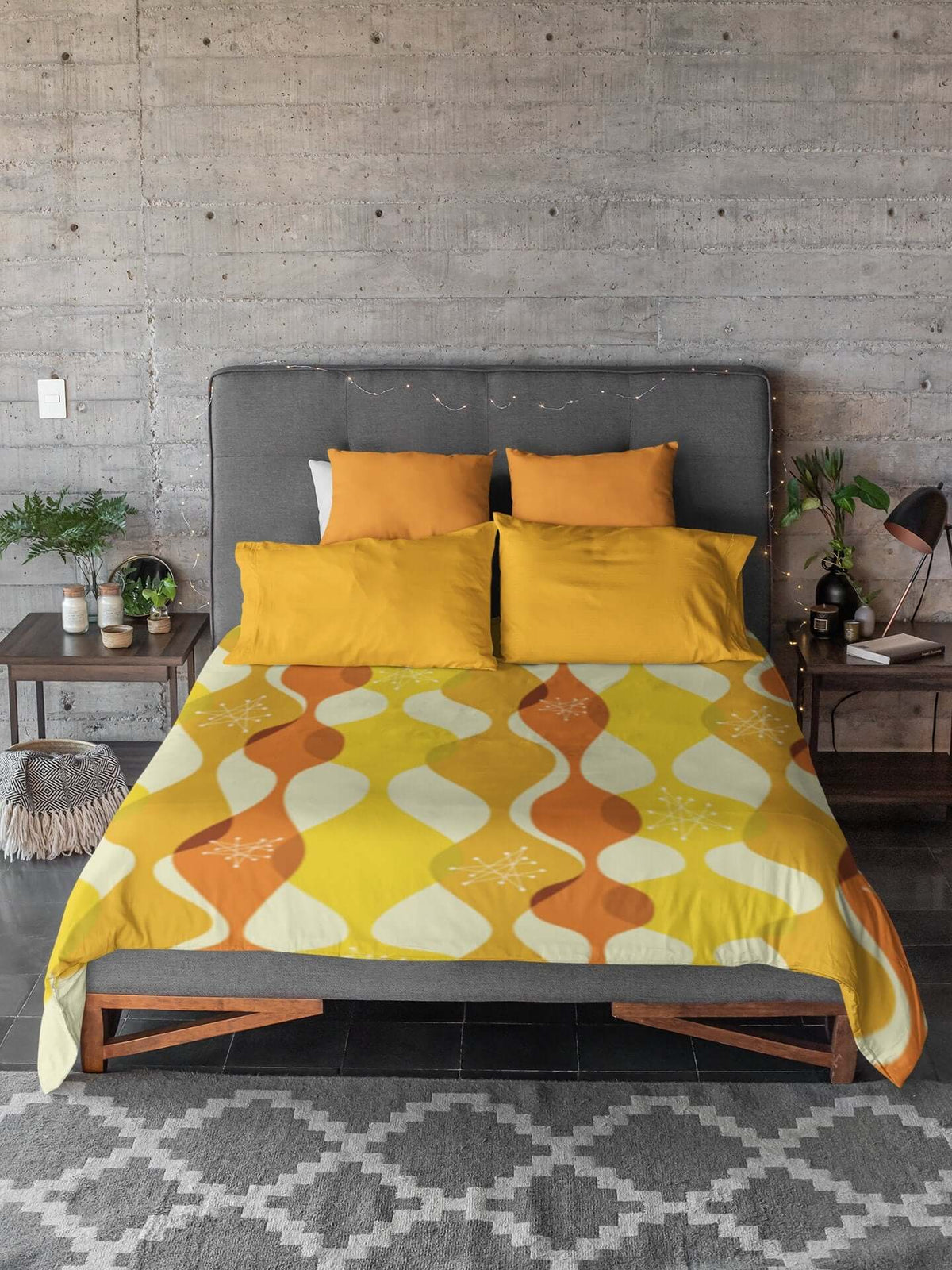 Retro Groovy Mid Century Modern Orange, Yellow Modern Boho Microfiber Duvet Cover