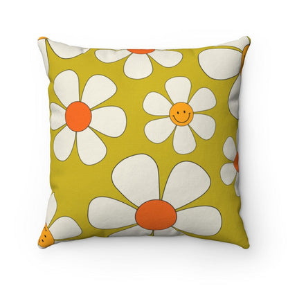 Retro Happy Face Bright Green, Orange Mod Daisy 70s Home Decor Spun Polyester Square Pillow Home Decor