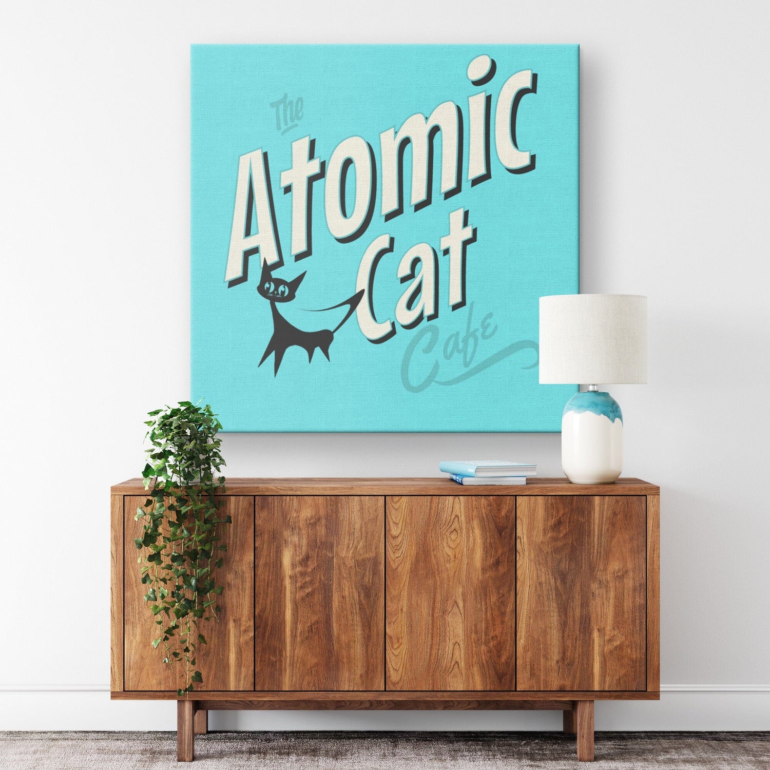 Retro Kitchen Art, Atomic Cat Cafe, Aqua Blue, Mid Mod Kitschy Wall Canvas Wall Art