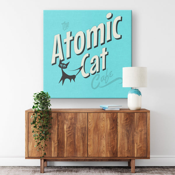 Retro Kitchen Art, Atomic Cat Cafe, Aqua Blue, Mid Mod Kitschy Wall Canvas