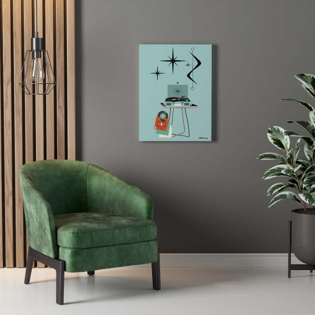 Retro Record Player Teal Blue Atomic Abstract Canvas Gallery Wrap Canvas