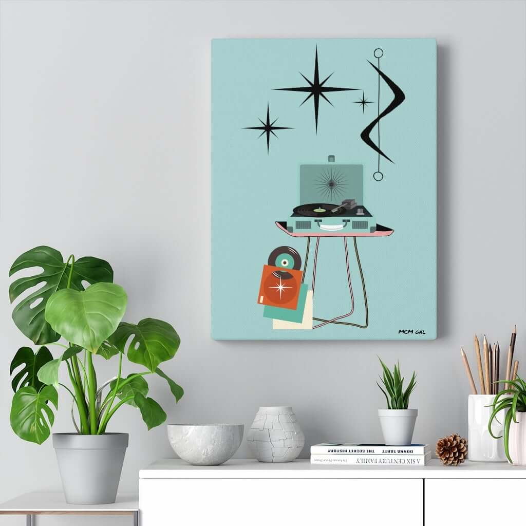 Retro Record Player Teal Blue Atomic Abstract Canvas Gallery Wrap Canvas