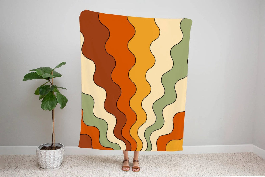 Retro Throw Blanket, Bohemian Bedding, Groovy 70s Blanket, Yellow, Rust, Green Velveteen THIN Cozy Blanket All Over Prints